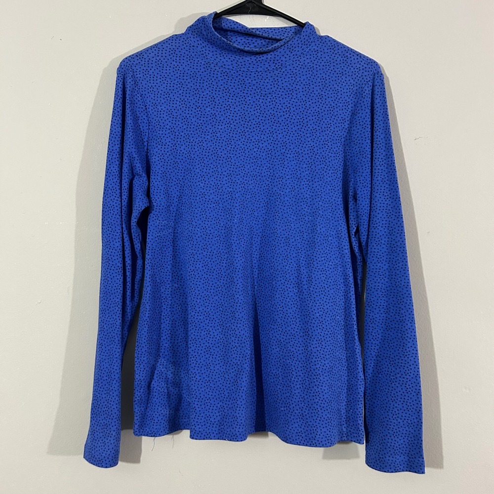 LAURA SCOTT Royal Blue Star Print Mock Neck Long Sleeve Top Women's M Cotton